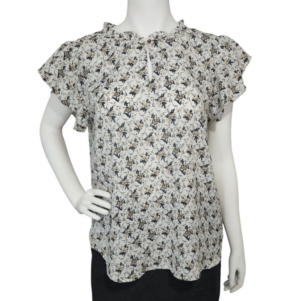 Preswick & Moore Floral Keyhole Blouse Ruffle Neck Flutter Sleeve Top